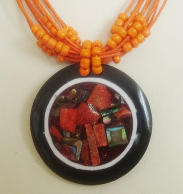 red coral and paua shell necklace with bead